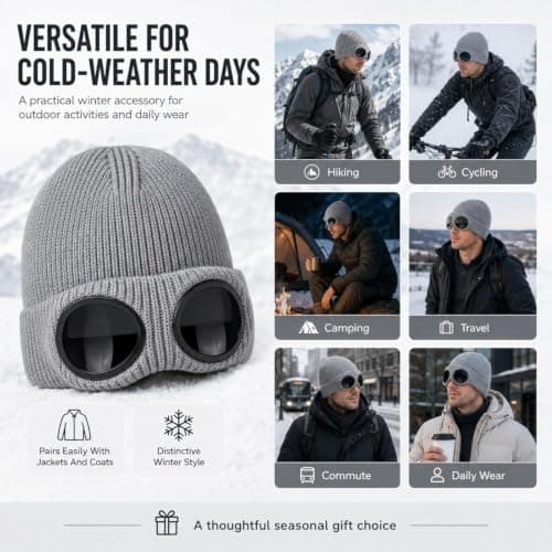 Unisex Beanie with Goggles，Burgundy — view 3