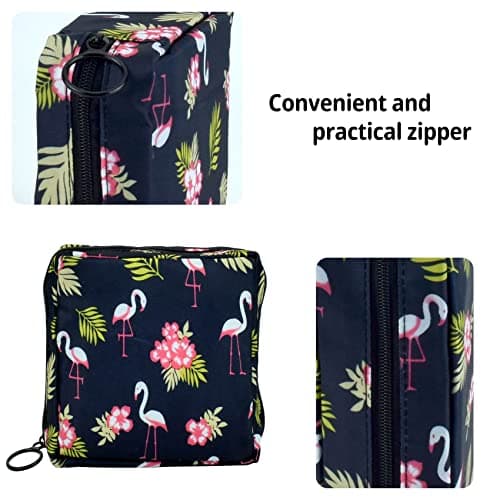 JUNFEIXUAN Sanitary Napkin Storage Bag Menstrual Cup Pouch Portable Pads with Zipper Feminine Menstruation First Period Bags for Teen Girls Women Ladies. (Black - Flamingo) — view 3