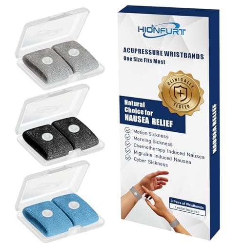 Hionfurt Travel Sickness Bands for Adults and Kids Motion Sickness Wristbands for Car and Sea Sickness Anti Nausea and Pregnancy Morning Sickness Relief Acupressure Bands - 3 Pairs Grey, Black, Blue