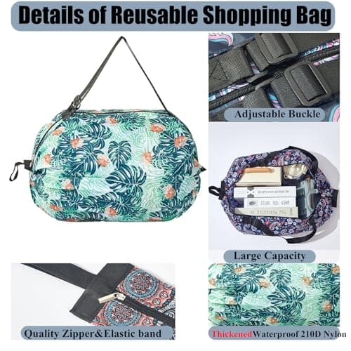 XKE-X 4 Pack Foldable Reusable Shopping Bags - Thickened 210D Nylon Waterproof Grocery Tote with Zipper & Adjustable Straps, Compact Travel Duffel Bag for Groceries, Beach, Storage-Group 1 — view 3