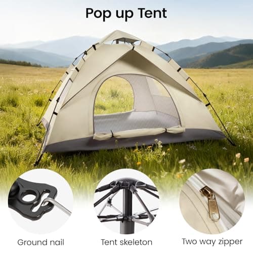 Y.H BLISSHAVEN 3-4 Person Pop-Up Tent – Waterproof & UV Protection Instant Camping Tent for Hiking, Lightweight 215x215x130cm with Easy Setup – Ideal (Beige) — view 2