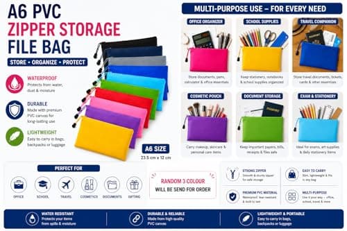 A6 PVC Canvas Storage Zipper File Bag Handbag Plastic Zip Wallet File Mesh Bags Storage Document Folder Waterproof Pouch School Office Travel (Size :23.5 cm X 12 cm) (A6 (Pack of 3)) — view 3