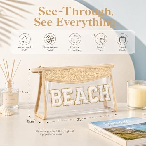 KIPTVO Waterproof Beach Bag Clear Makeup Bag PVC Summer Bag Travel Storage Pouch, Pool Bag Bikini Bag for Women, Beach Accessories Cosmetic Organizer, Sun Cream Bag for Beach 25x14x8cm — view 2