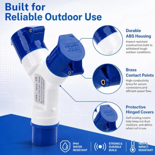 16Amp 2-Way Industrial Plug Splitter, Caravan Electric Hook Up Splitter Adapter, IP44 Waterproof 3 Pin Electrical Connection Splitter for Motorhomes, Caravans, Camping Tents, Construction Sites — view 3