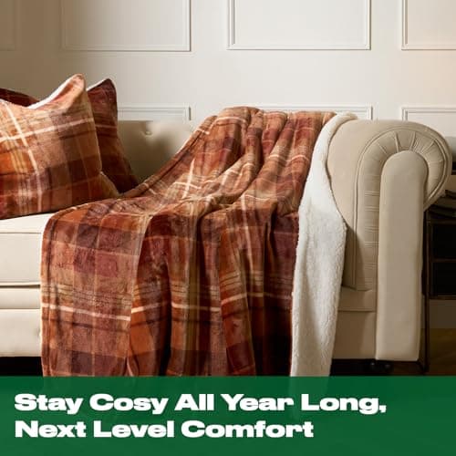OHS Fleece Blanket Burnt Orange Throw, Super Soft Warm Super Soft Cosy Warm Winter Felix Tartan Flannel Throw Blanket for Bed Couch Reversible Sherpa Fleece Blanket Autumn Throw, Rust - 130 x 160cm — view 6