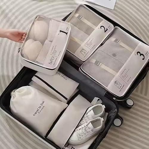7 Piece Packing Cubes Set for Suitcases | Luxury Travel Organiser Bags | Compression Luggage Cubes with Shoe Bag & Pouches | Beige | Brand New — view 4