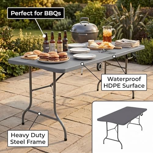 HomlyPro Heavy Duty 6FT Folding Table 180x75cm, Grey, Plastic Folding Desk Portable as Camping Table, Picnic, BBQ, Garden Outdoor and Indoor Utility Surface — view 3