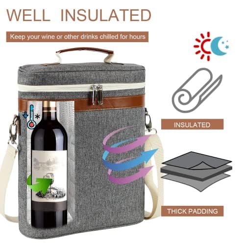 3 Bottle Insulated Wine Cooler Bag, Portable Carrier with Shoulder Strap for Beach and Picnic, Unique Gift for Wine Lovers, Grey — view 2