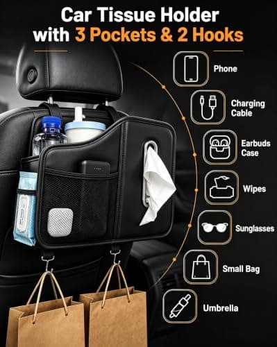 Car Tissue Holder for Back Seat, Premium Back Seat Organizer with Cup Holder & Storage Pockets, Carbon Fiber Look Headrest Tissue Box Holder for Kids, Road Trips, SUV, Truck （Black） — view 6