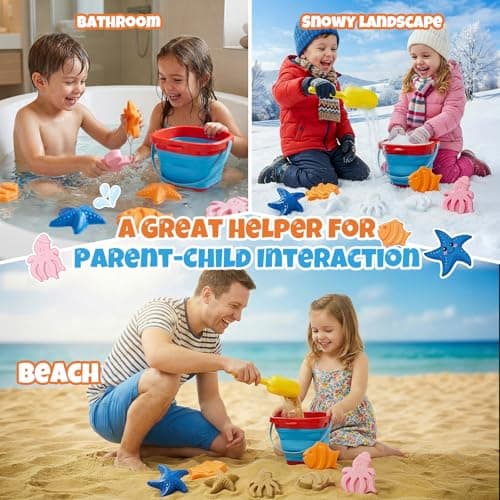 Beach Toy Set for Children, Including 1 Foldable Sand Bucket, Shovel, Rake, 3 Sand Moulds and Mesh Storage Bag, Sand Toys for Toddlers Aged 3+ — view 5