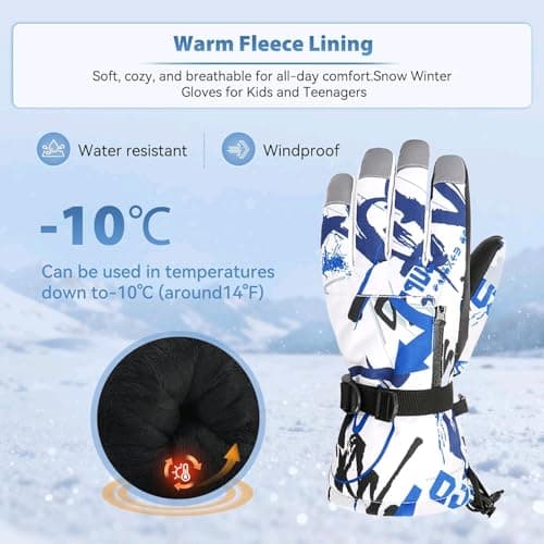 Ski Gloves Waterproof Winter Warm Gloves Cold Weather Touchscreen Snow Gloves for Mens, Womens, Kids Skiing,Snowboarding (Blue/White, S(Fit Kids 8-10 Years)) — view 2