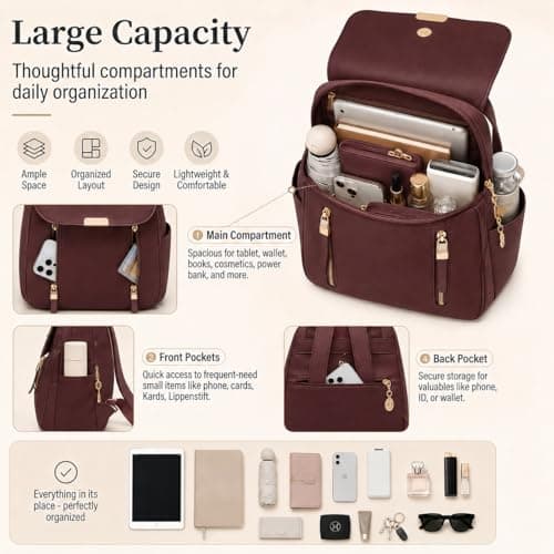 Drawelry Laptop Backpack for Women, Waterproof Large Bag with 4 Compartments and 8 Zip Pockets, Multifunctional Storage Casual Rucksack with Sturdy Handle, Chic Daypack for Travel, Work (Burgundy) — view 3