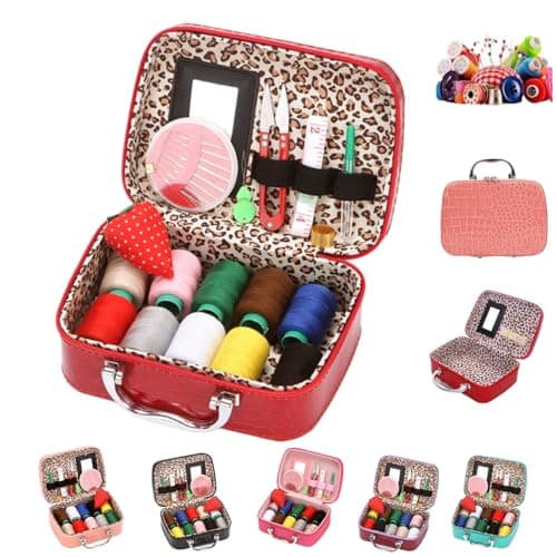 Wondolla Sewing Kit,Portable Sewing Kit in Faux Leather Case,Portable DIY Hand Made Craft Set,Big Eye Stainless Steel Needles Hand Sewing Kit for Handicraft Lovers (Red)
