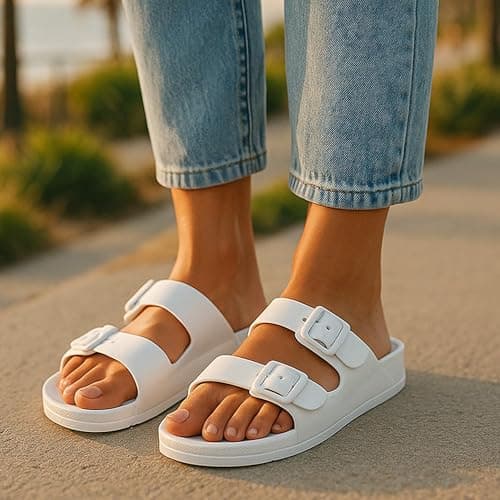 VIVASHOES Women’s Double Buckle EVA Sandals – Lightweight Waterproof Adjustable Slides with Arch Support for Summer, Beach, Pool & Daily Wear – True to Size Good for Wide Fit – White 6 — view 3