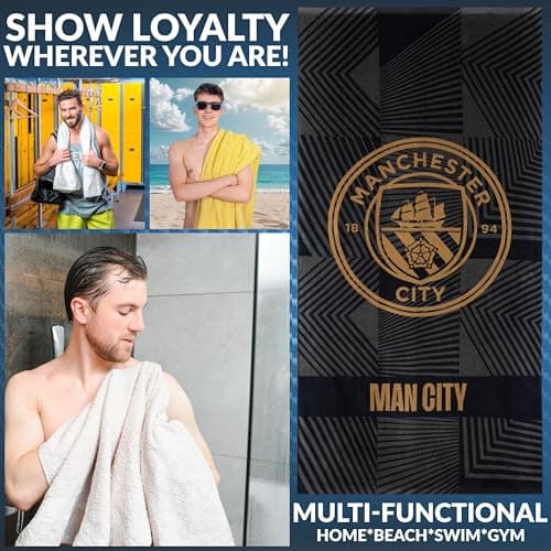 MANCHESTER CITY F.C. Bath Towel for Men Women Teens Boys 100% Cotton Quick Dry Football Crest Beach Towel Swim Gym Holiday Shower Supporters' Gear 137 x 69cm (Black, 137x68.5cm) — view 3