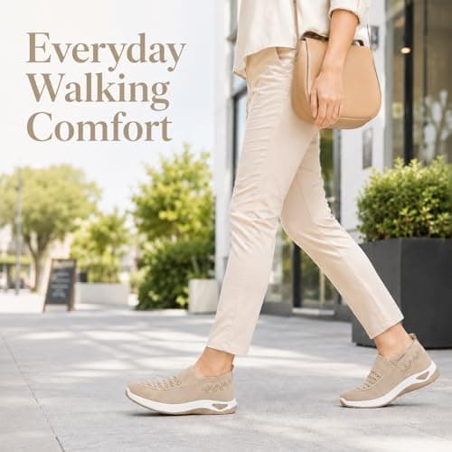 Women’s Slip On Walking Shoes, Lightweight Breathable Knitted Casual Trainers, Laceless Pull On Comfort Trainers for Ladies, Everyday Walking, Work, Travel and Outdoor Wear Beige — view 2