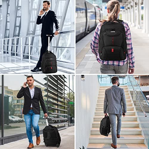 LIGSAN Travel Backpack with Wheels, 17inch Wheeled for Men Women Rolling Laptop Bags on Wheels Waterproof Rucksack Cabin Bag Trolley Suitcase Business College School Bag, Black — view 6