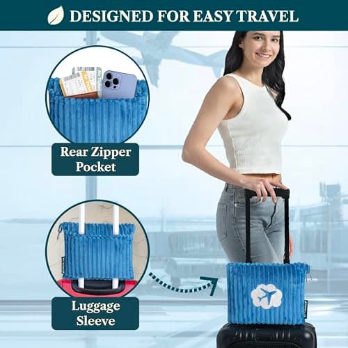 PAVILIA Travel Blanket Pillow in Soft Bag with Pockets, Airplane Set, Plane Compact Packable, Flight Essentials Car Pillow, Travelers Accessories Gifts, Luggage Strap, Turquoise, Sea Blue — view 3