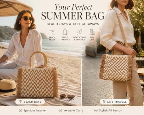 Woodland Leathers Womens Summer Bag, Straw Beach Bag, Large Woven Tote Bag with Raffia Fringe, Boho Chevron Design, Detachable Adjustable Shoulder Strap Holiday Handbag (Natural Tan, Large) — view 2