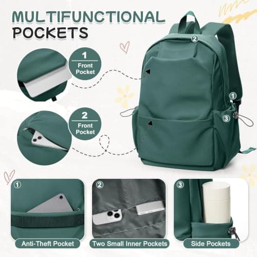 HYC00 School Backpack Womens Causal Travel School Bag for Teenage Girls Boys Secondary Backpack Lightweight 14 Inch Laptop Rucksack Bag for Women Casual Daypack Bookbag for College Work, Army Green — view 4