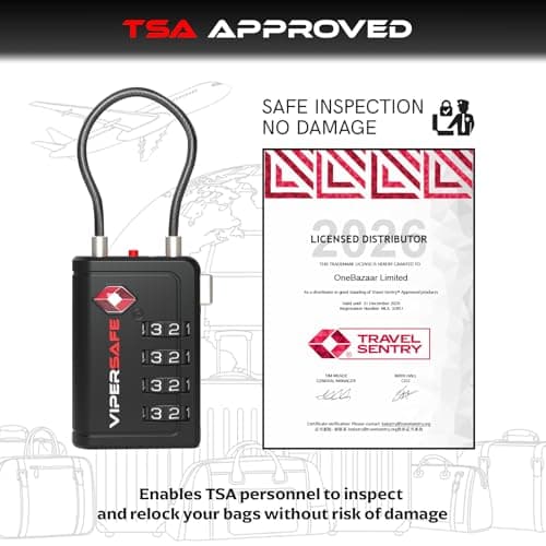 Vipersafe New TSA008, TSA Approved Luggage Lock with Open Alert Indicator – 4-Digit Travel Lock for Luggages, Bags & Backpacks – Heavy Duty Flexible Cable Padlock (Black, 1-Pack) — view 3