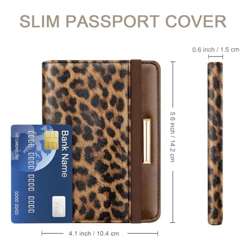 Passport Holder Cover Travel RFID Blocking Passport Cover Rose Gold Cute Flowers Passport Wallet with Elastic Band for Women, Leopard, 5.5 x 3.93 x 0.6 inches, Casual — view 3