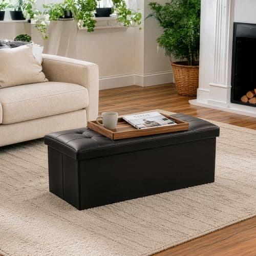 CROWNSHOP Ottoman Storage Bench Footrest Stool Seat Toy Chest Storage Box Folding with Lid Long Shoes Bench Footstool Suitable for Living Room (Black, Faux leather) — view 4