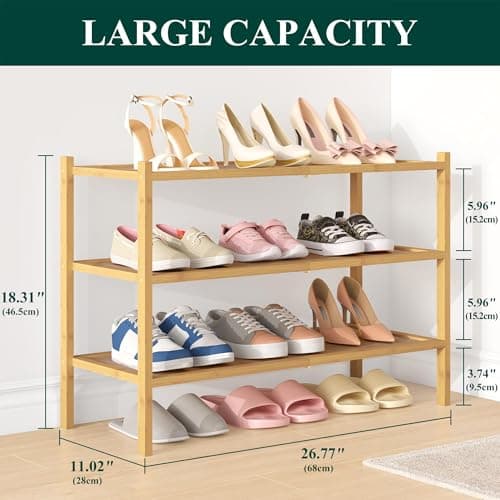 smiry Bamboo Shoe Rack, 3 Tier Shoe Organizer for Entryway & Living Room, Stackable Free Standing Storage Shelf for Shoes, Bags & Plants, Natural — view 3