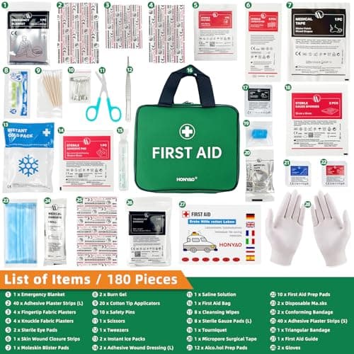HONYAO First Aid Kit 180 Pcs, Premium Medical Kit for Home Car Workplace Travel Camping Sports Kids, Includes Eyewash, 2 x Instant Cold Packs, 2 x Burn Gel, Emergency Blanket, Plasters, Green — view 2