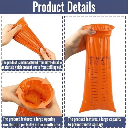20Pack Vomit Bags Disposable Barf Bags,1000ml High Density Emesis Bags with Snap,Perfect for Morning Sickness,Kids,Pregnant Woman,Car Motion Sickness，Airsick (orange) — view 3