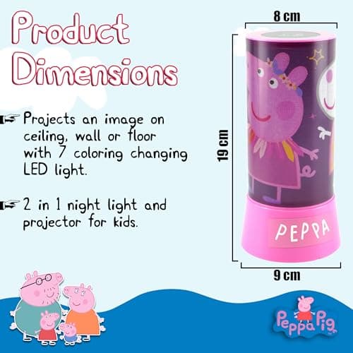 SRV Hub Peppa Pig LED Projector Night Light for Kids – 19cm Cylinder Table Lamp – Battery Operated Rotating Desk Light for Bedroom Nursery Gift for Baby Toddler Girls Boys Ages 3+ — view 2
