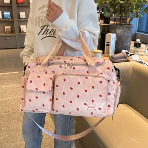 Corduroy Strawberry Sports Duffel Bag,Gym Bag with Shoe Compartment & Wet Pocket,Cute Travel Bag Weekend Bag Dance Bag for Girls (Pink) — view 6