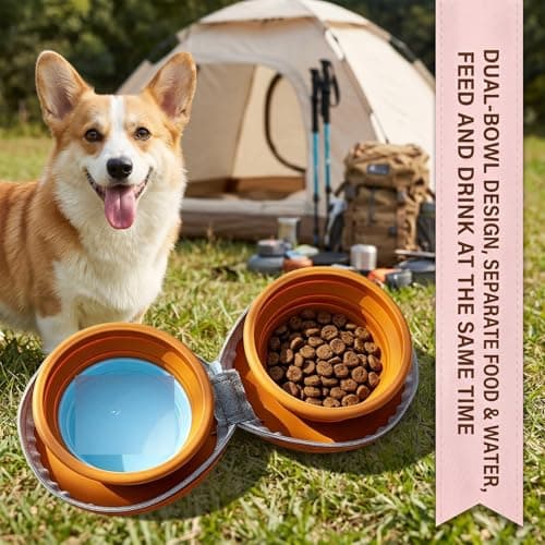 2 in 1 Collapsible Dog Bowl, Portable Silicone Double Dog Food and Water Bowl with Zip Case, Foldable Pet Bowl for Walking, Hiking, Camping and Travel (Brown) — view 3