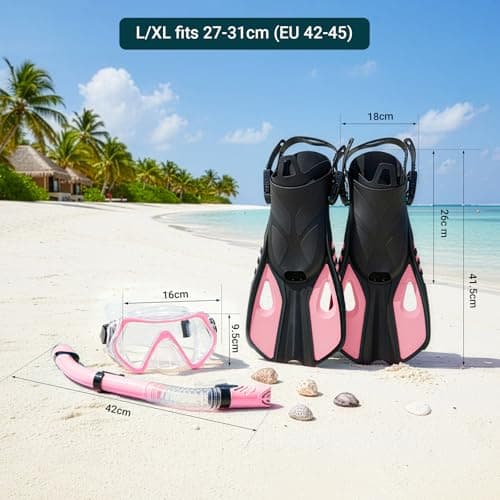 Snorkel Set Adults with Flippers, Snorkel Mask with Adjustable Open-Heel Swim Fins, Snorkeling Packages with Carrying Bag for Beginners and Snorkelers for Pool, Beach & Travel (Pink, L/XL) — view 4