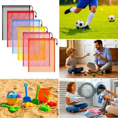 6 Pack Multicolor Mesh Drawstring Bag, 13.38x15.75 Inch Breathable Nylon Mesh Bag with Drawstring Lock Closure, Multipurpose Storage for Gym, Laundry, Beach, Toys and Travel — view 4