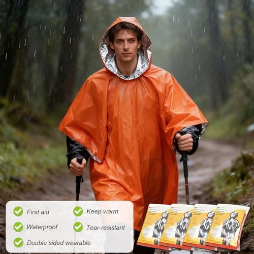 Wihozte Emergency Survival Poncho Foil Blanket Insulation Poncho for Outdoor Survival Family Car Events, 100×130cm Mylar Foil, Windproof Waterproof Insulated, Orange Silver, 2PCS — view 5