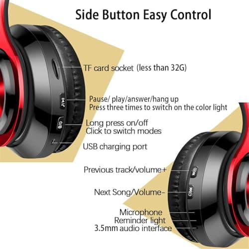 ZZOSRDR Bluetooth Headphones Over Ear, Foldable Lightweight Wireless Headset, Wireless Headphones with Built-in Mic, FM, SD/TF for Online Class, Office, PC, Phone (Red) — view 4