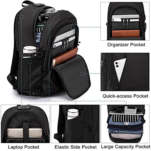 WENIG Large 17.3 Inch Travel Laptop Backpack Water Resistant Anti-Theft Computer Work Bag with USB Charging Port Lock Big Business School Rucksack for Men and Women - Black — view 3