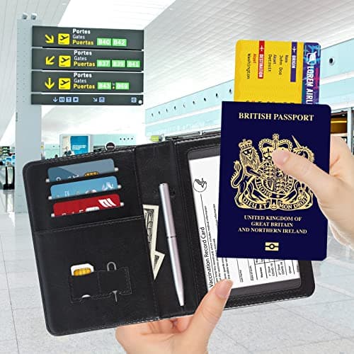 DMLuna Passport Holder, Premium PU Leather Travel Passport Wallet RFID Blocking Passport Cover Case Travel Documents Organizer with Pen Holder, for Women and Men - Black — view 2