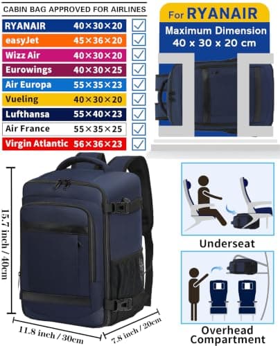 KLOSTAIN Ryanair Cabin Bags 40x30x20 Underseat 24L Laptop Carry On Backpack Fits easyJet Eurowings Wizz Air Navy — view 2