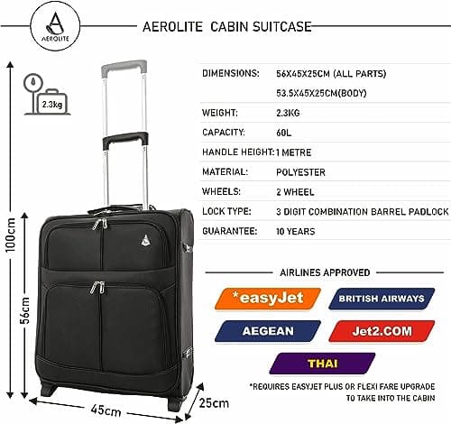 Aerolite 56x45x25cm British Airways Jet2 & Easyjet Upgrade Maximum Allowance Large Lightweight 2 Wheel Carry On Hand Cabin Luggage Bag Suitcase 56x45x25 with TSA Approved Lock Black — view 3