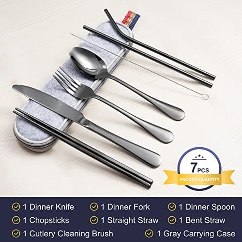 Travel Cutlery Set, 8 Piece Travel & Picnic Utensils for 1 Person, Dishwasher Safe, Includes Knife, Fork, Spoon, Utensil Stick, Cleaning Brush, Straw with Carrying Bag, UV Resistant (Black) — view 2