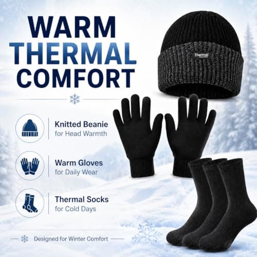 Mens Hat and Gloves Set with 3 Pairs Warm Thermal Socks for Winter Wear — view 3