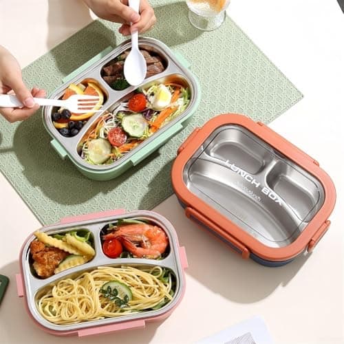 Stainless Steel Lunch Box 3 Compartment Leakproof Lunch Container with Lids for Adults and Kids Storage, Dishwasher Safe Removable Tray, for Travel Outdoor Food Carrying(Orange) — view 2