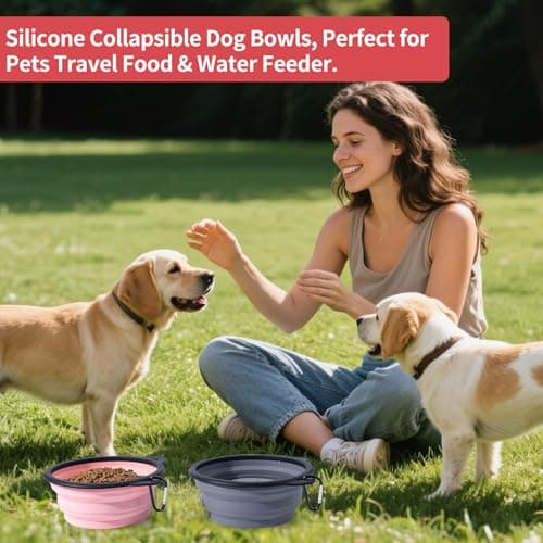 SLSON Silicone Collapsible Dog Bowl, 2 Pack Portable Dog Travel Bowl, Cute Cat Pattern Pet Feeding Bowl 750ml Large Foldable Food & Water Bowl with Carabiner (Pink+Grey) — view 6