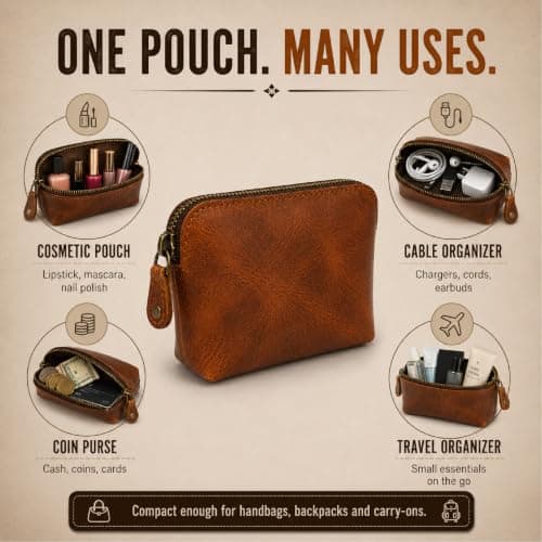 TheAntiq Leather Cosmetic Bag Small Makeup Pouch Zip Leather Toiletry Organiser Mini Travel Dopp Kit Compact Leather Case 5x4x2.5 Inch Tan — view 4