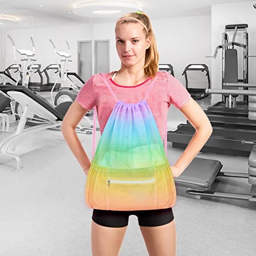 Nidoul Mesh Drawstring Bag with Zipper Pocket, Beach Bag for Swimming Gear Backpack Gym Storage Bag for Adult Kids, Rainbow — view 5