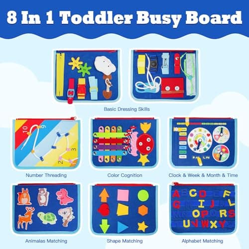Tweens Montessori Busy Board for Toddlers – 8 Pages Preschool Busy Book, Felt Sensory Activity Board for Fine Motor Skills, Educational Travel Toy for Kids, Baby, Boys & Girls, Autism Learning Toy — view 2