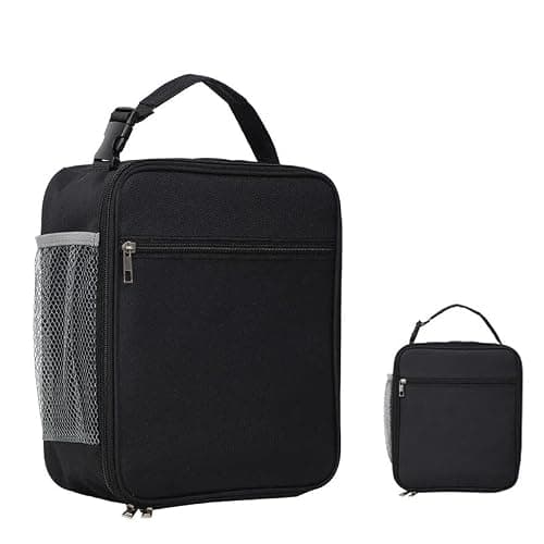 zukent Portable Insulated Lunch Bag with Side Mesh Pocket Water-Resistant Leakproof Cooler Bag Durable Thermal Lunch Box for Work, School, Picnic, Outdoor for Adults, Kids, Men, Women (Black)