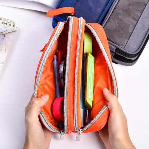 RubyTint Portable Large Capacity Pencil Case – 3-Compartment Fabric Stationery Organizer for School, Office & Travel, Camouflage Pen Bag for Boys & Girls (Orange) — view 5
